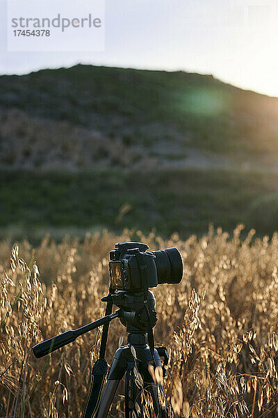 Kamera auf einem Stativ auf einer Wiese bei Sonnenuntergang