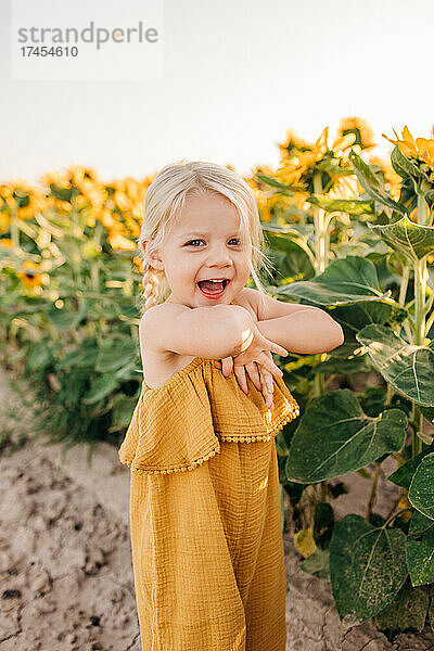 Zwei Jahre altes kaukasisches Mädchen lacht beim Spielen in Sonnenblumen