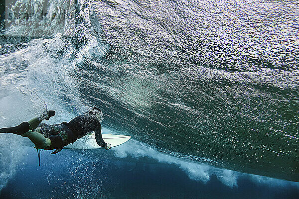 Männlicher Surfer hält Surfbrett beim Unterwassertauchen auf den Malediven