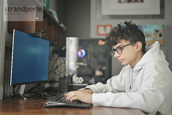 Porträt eines kleinen Jungen  der am Computer arbeitet