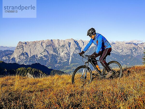 Mountainbiker fährt auf Almwiese  hinten das Tennengebirge  Hochkeil  Mühlbach am Hochkönig  Pongau  Salzburg  Österreich  Europa