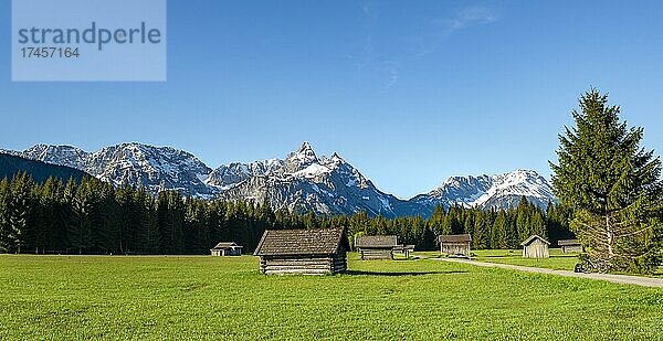 Wiese mit Heustadln  hinten verschneite Berggipfel im Frühling  Mieminger Kette mit Ehrwalder Sonnenspitze  Ehrwald  Tirol  Österreich  Europa