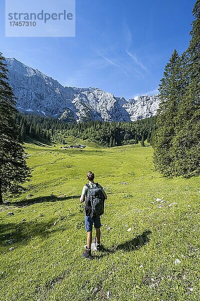 Wanderer auf dem Weg zum Schachenhaus  hinten Wettersteinalm  Wettersteingebirge  Garmisch-Partenkirchen  Bayern  Deutschland  Europa