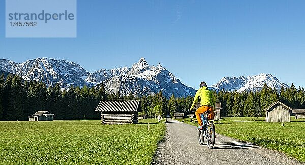 Mountainbiker auf Straße durch Wiese mit Heustadln  hinten verschneite Berggipfel im Frühling  Mieminger Kette mit Ehrwalder Sonnenspitze  Ehrwald  Tirol  Österreich  Europa