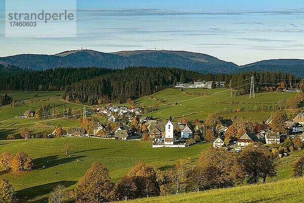 Der Luftkurort Lenzkirch-Saig im Morgenlicht  im Hintergrund der Feldberg  Schwarzwald  Baden-Württemberg  Deutschland  Europa