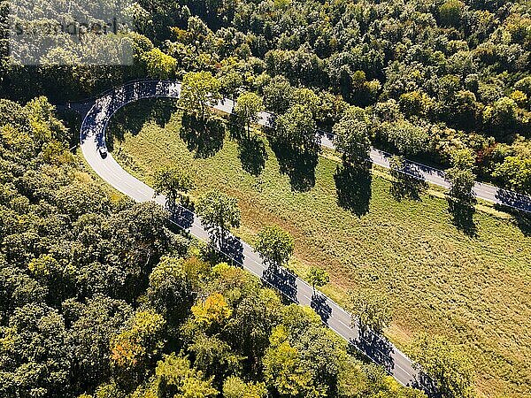Drohnenaufnahme  Kurve im herbstlichen Wald  Roter Berg  L485  zwischen Diekholzen und Sibbesse  Kreis Hildesheim  Niedersachsen  Deutschland  Europa