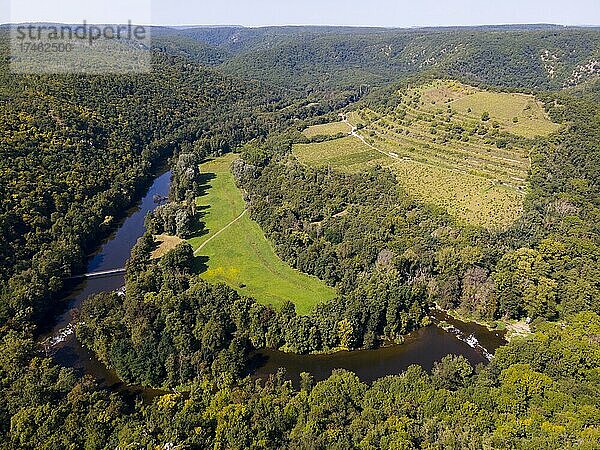 Drohnenaufnahme  Blick auf eine Schleife der Thaya und den Sobes Weinberg am Aussichtspunkt Vyhlidka Devet mlynu  Neun Mühlen  Tschechien  Europa