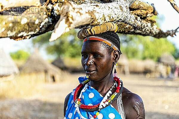 Frau trägt Brennholz auf dem Kopf  Stamm der Toposa  Ost-Äquatoria  Südsudan  Afrika