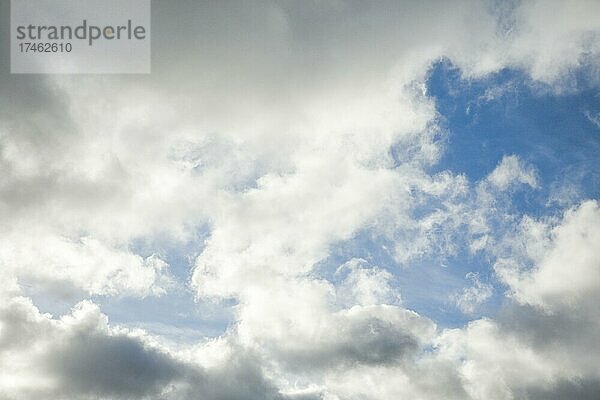 Stratocumulus Wolken und blaue Himmelsfenster bilden bei Föhnsturm spektakuläres Wolkengebilde am Himmel