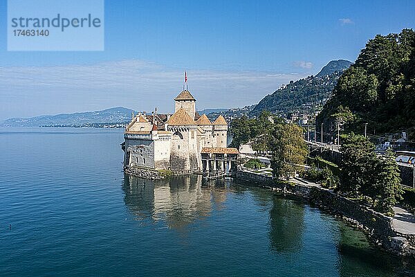 Luftaufnahme des Schlosses Chillon  Genfersee  Schweiz  Europa