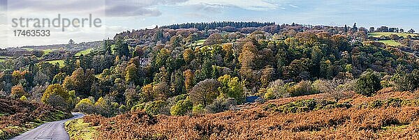 Herbstfarben über Dartmeet Car Park in Dartmoor Park von einer Drohne  Devon  England  Großbritannien  Europa