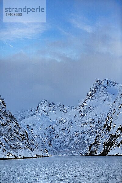 Verschneite Berge im Trollfjord  Lofoten  Norwegen  Europa