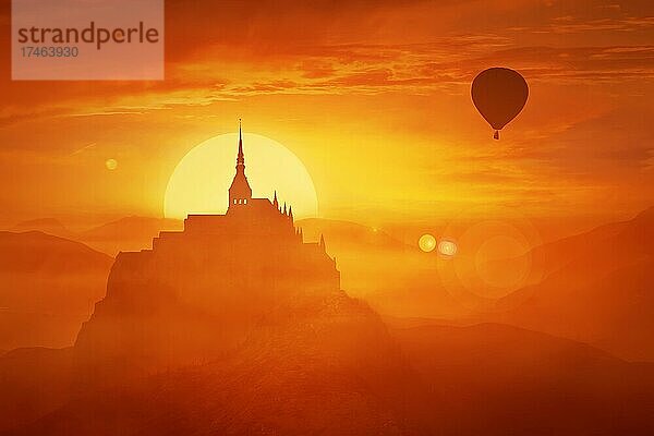 Schöne Sonnenuntergang Landschaft über dem nebligen Reich zwischen den orangefarbenen Hügeln in der Mitte der Natur und die Silhouette eines fliegenden Luftballon. Fantasy-Welt imaginären Blick  eine andere Realität Konzept