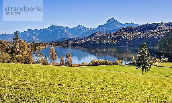 Der Weißensee bei Fu?ssen  rechts der Sa?ugling links dahinter der Tegelberg  Allgäu  Bayern  Deutschland  Europa