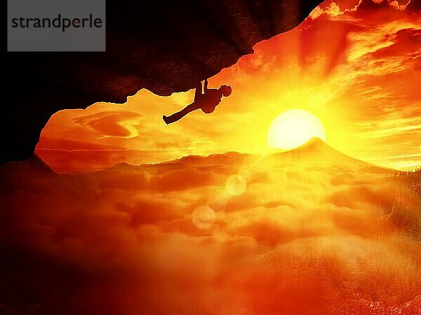 Schöne Sonnenuntergang Hintergrund und ein Alpinist entschlossen  einen Berg zu besteigen. Konzeptuelle Szene  Person  die Hindernisse überwindet  während sie zum Gipfel einer felsigen Klippe hinaufsteigt. Leadership Erfolg und Leistung
