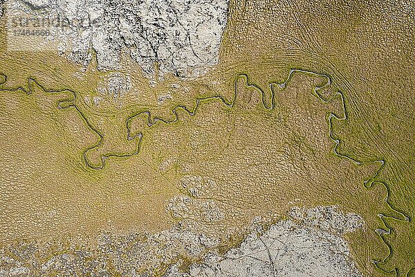 Kleiner Fluss fließt durch mit Moos bewachsene Hochebene  Struktur  isländisches Hochland  Luftaufnahme  Reykjanes Halbinsel  Island  Europa