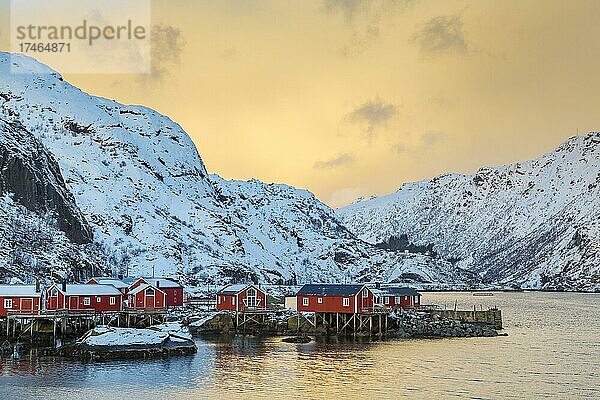 Rote Fischerhäuser  genannt Rorbuer  A  Nusfjord  Lofoten  Nordland  Norwegen  Europa