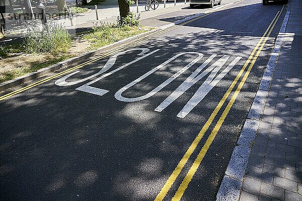 Slow Schriftzug auf Verkehrsberuhigter Straße  London  England  Großbritannien  Europa