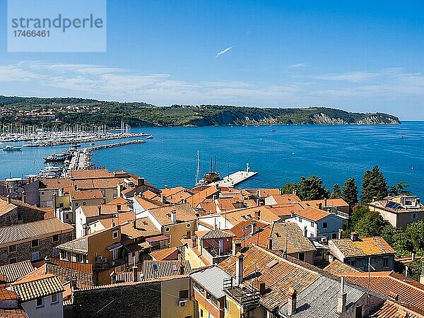 Ausblick vom Campanile auf den Hafen  die Adriaküste und die Altstadt von Izola  Izola  Istrien  Slowenien  Europa