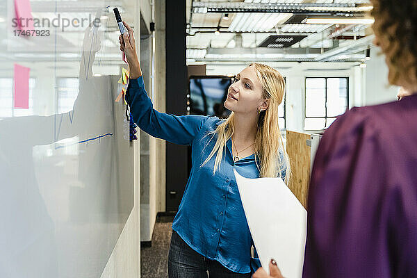 Junge Geschäftsfrau überprüft die Grafik  während sie mit einem Kollegen im Büro arbeitet
