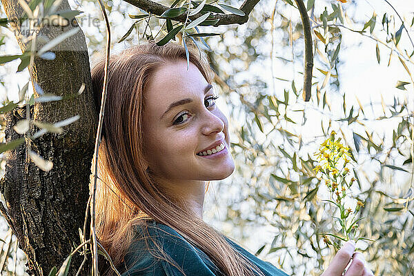 Schöne Frau mit Wildblume  die sich an einen Olivenbaum lehnt