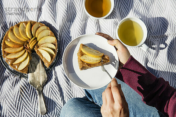 Hände einer Frau  die frisch gebackenen Apfelkuchen auf einer Picknickdecke isst