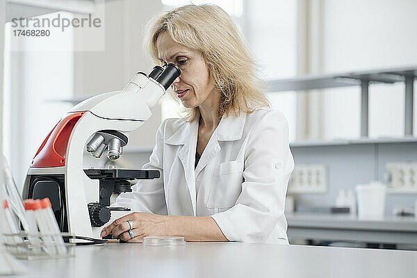 Blonder Wissenschaftler greift im Labor durch das Mikroskop