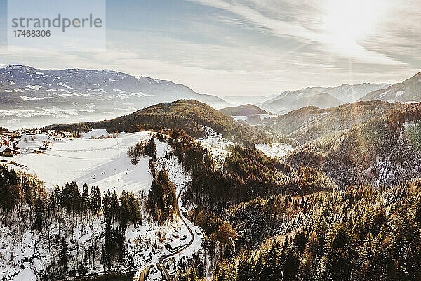 Nadelbäume auf schneebedeckten Bergen in Kärnten  Österreich
