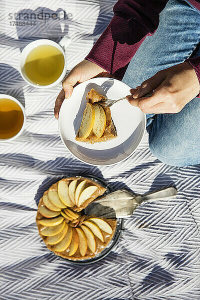Hände einer Frau  die frisch gebackenen Apfelkuchen auf einer Picknickdecke isst