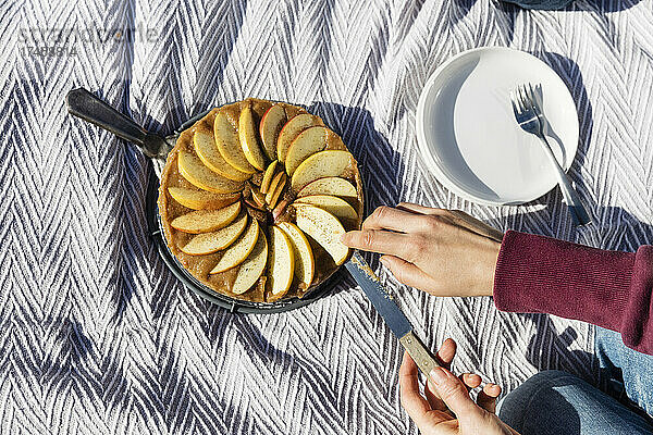Hände einer Frau  die auf einer Picknickdecke frisch gebackenen Apfelkuchen schneidet