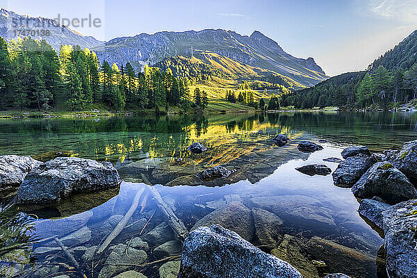 Spiegelung des Berges im Wasser am Lai Da Palpuogna  Graubünden  Schweiz