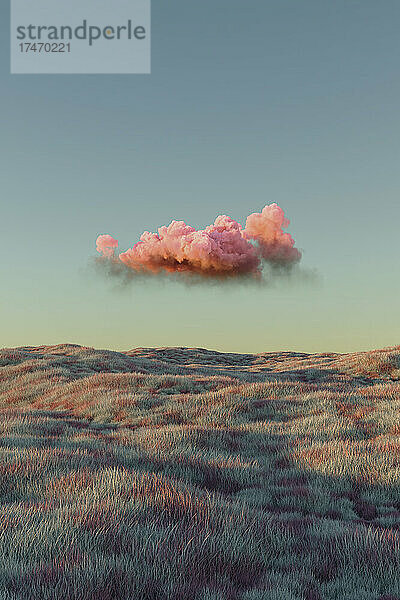 Dreidimensionale Darstellung einer einzelnen rosa Wolke  die über einer grasbewachsenen Hügellandschaft schwebt