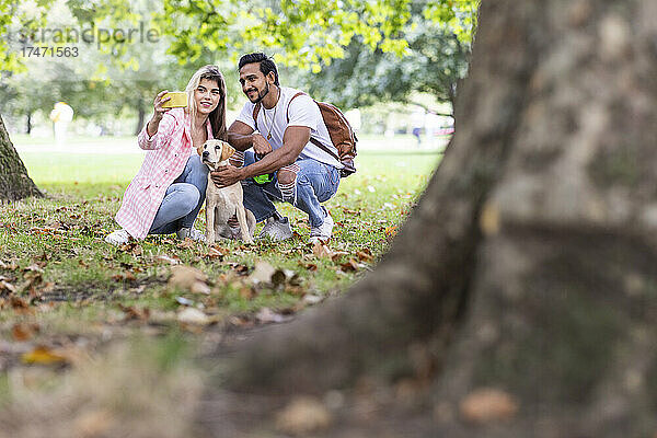 Lächelnde Frau macht Selfie mit Hund und Freund im Park
