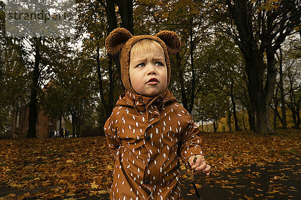 Netter Junge mit braunem Regenmantel und Mütze im Herbstpark