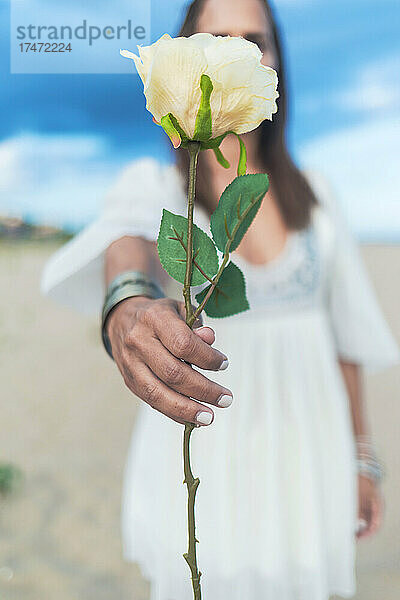 Reife Frau schenkt Blumen am Strand