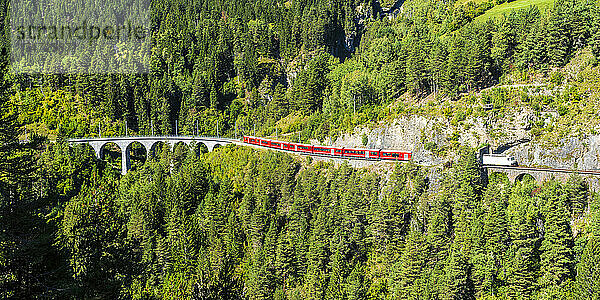 Schweiz  Kanton Graubünden  Zug überquert Landwasserviadukt im Sommer