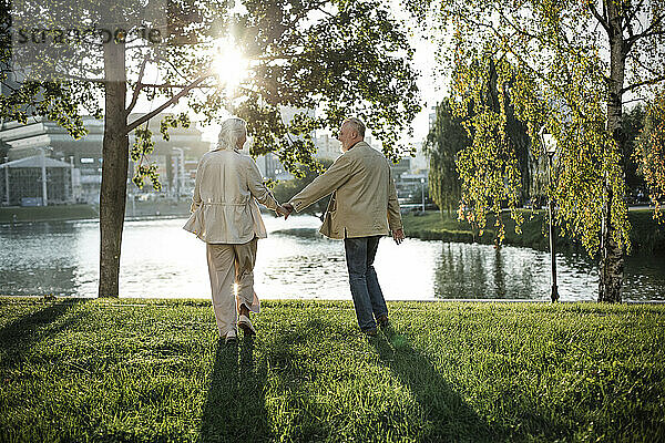 Paar hält Händchen beim Spaziergang auf Gras am See