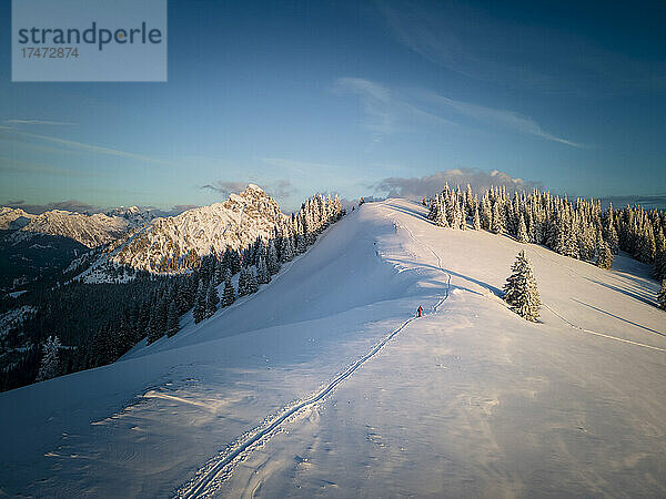 Frau beim Skifahren auf einem schneebedeckten Berg bei Sonnenaufgang  Schonkahler  Tirol  Österreich