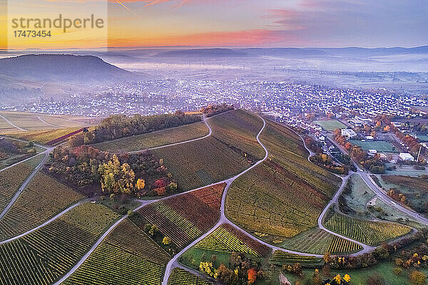 Deutschland  Baden-Württemberg  Korb  Drohnenansicht der Weinberge und der umliegenden Stadt bei nebliger Herbstdämmerung