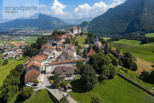 Switzerland  Canton of Fribourg  Gruyeres  Aerial view of Gruyeres Castle in summer