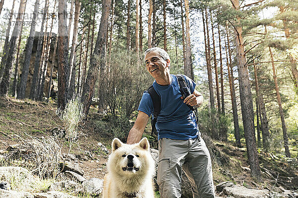 Lächelnder reifer Mann streichelt Hund im Wald