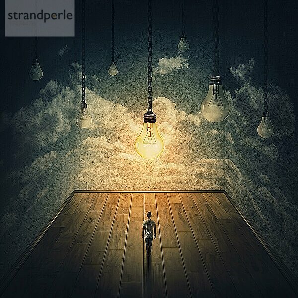 Surreale Szene mit einer Person  die in einem riesigen dunklen Raum isoliert ist  und eine Menge Glühbirnen hängen über seinem Kopf  nur eine Lampe leuchtet. Abenteuer auf der Suche nach Wissen  kreative Idee Konzept