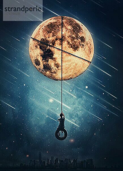 Surreale Nachtlandschaft mit einem Jungen schwingt auf einer Schaukel hängen von der Vollmond. Schöne sternenklare Nacht mit fallenden Kometen. Fantasie und magische Szene  Abenteuer-Konzept. Person schwingt über die Nacht Stadt