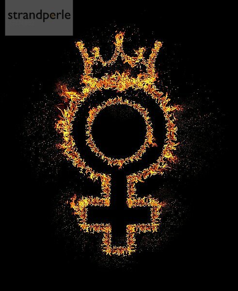 weiblichen Geschlechts Symbol mit Krone brennt in Flammen  vor schwarzem Hintergrund. Sexuelle Rechte  Mädchenpower  Führungskonzept. 8. März Internationaler Frauentag  Symbol