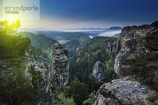 Sonnenaufgang über den Felsen der Sächsischen Schweiz  Blaue Stunde  Höllenhund  Sachse  Deutschland  Europa