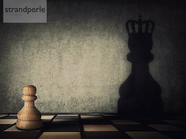 Surreale Verwandlung der Schachfigur des Bauern in einen mächtigen König oder eine Königin. Metapher für Motivation und Selbstvertrauen  die Überwindung von Hindernissen und das Erreichen von Erfolg. Führung und Autorität Konzept
