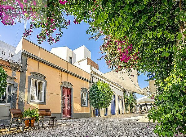 Charmante Straßen mit traditionellen Häusern in Faro  der Hauptstadt der Algarve  Portugal  Europa