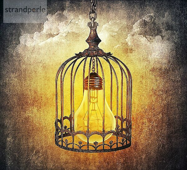 Glühbirne in einem alten Käfig eingesperrt. Locked Idee Konzept