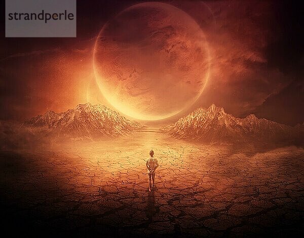 Surrealer Hintergrund: Ein kleiner Junge geht auf einem anderen Planeten mit trockenem und rissigem Boden spazieren und folgt einem leuchtenden Raumobjekt am Himmel