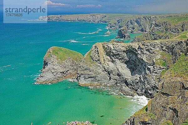 Felsen und Steilküste im seichten Wasser  Bethudran Steps  Newquay  Cornwall  Großbritannien  Europa